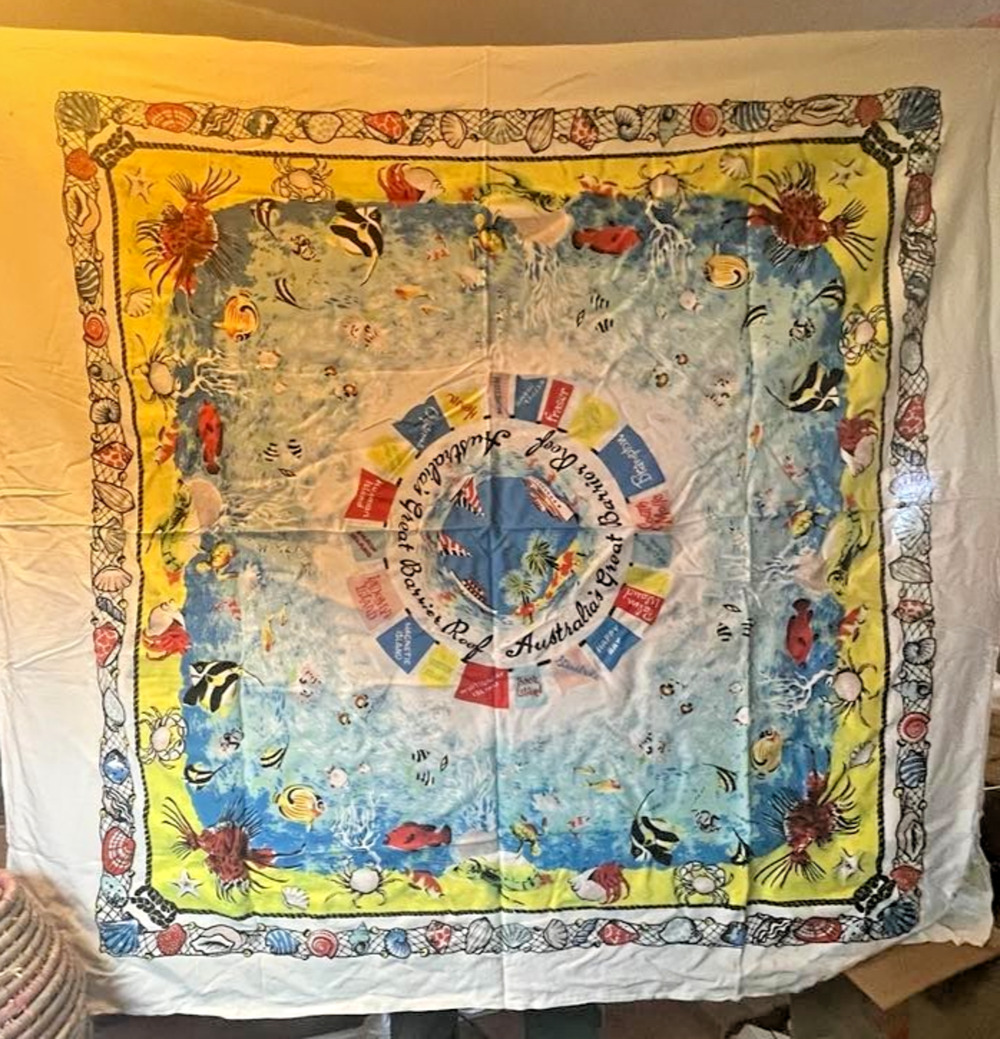 Vintage Great Barrier Reef Tablecloth 48x44" Ocean Graphic Print Coastal Kitsch
